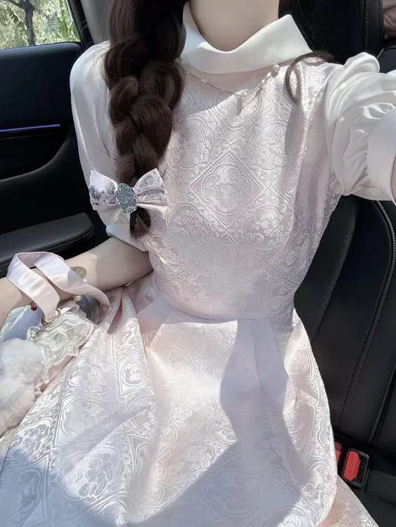 SS1057粉色温柔风印花连衣裙女2025春季新款法式气质收腰显瘦裙