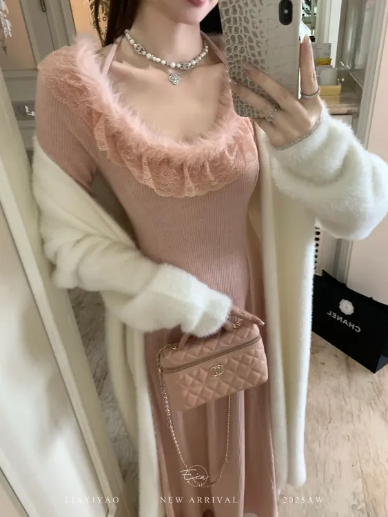 EIA一尧【香软水蜜桃】气质温柔千金感长袖连衣裙秋冬设计感毛毛裙