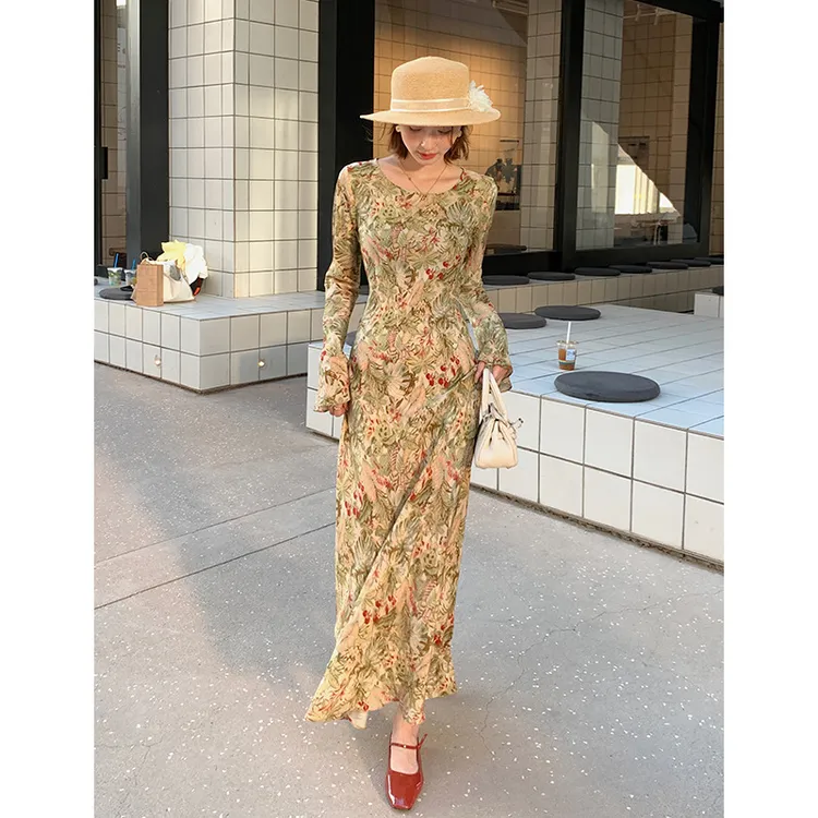 荣太桑蚕丝斜裁多花色长袖修身真丝连衣裙女新款中式改良旗袍长裙