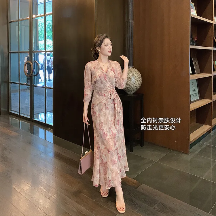 林关关【夏日倾心】温柔知性碎花七分袖后妈裙气质女人轻熟绑带长裙