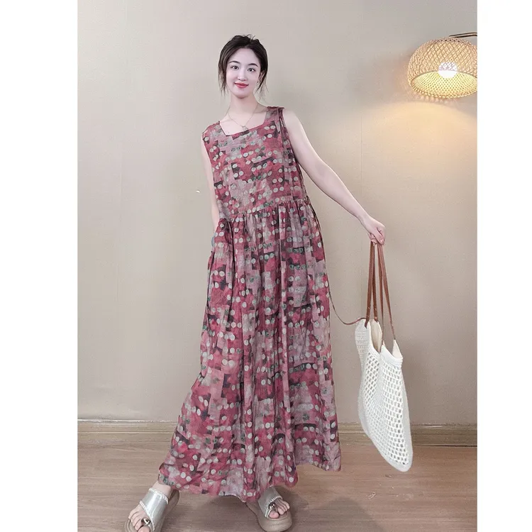 【衣羊羊】棉绸碎花显瘦气质时尚夏季复古减龄收腰无袖连衣裙吊带女