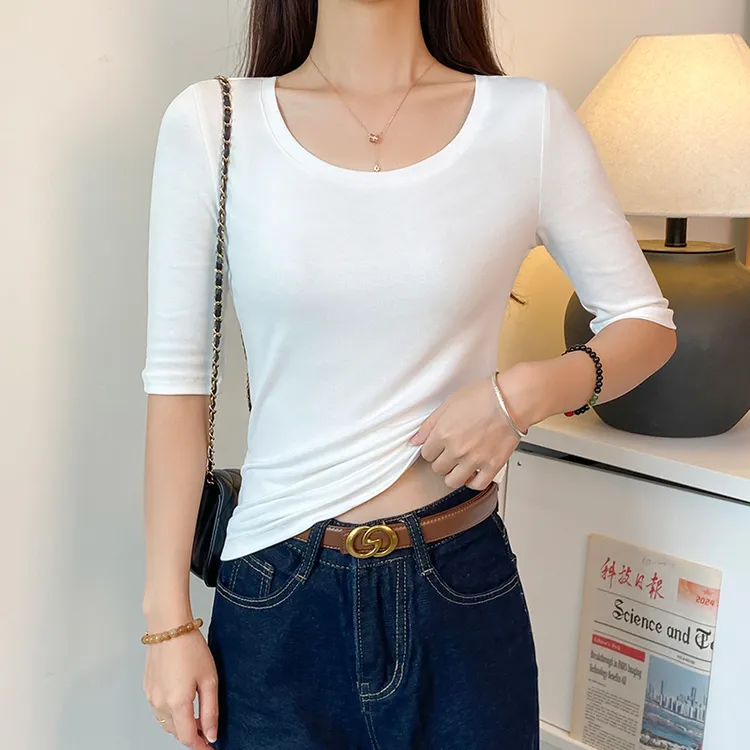 白色圆领中袖t恤女2025春秋修身半袖打底衫内搭五分袖低领上衣潮