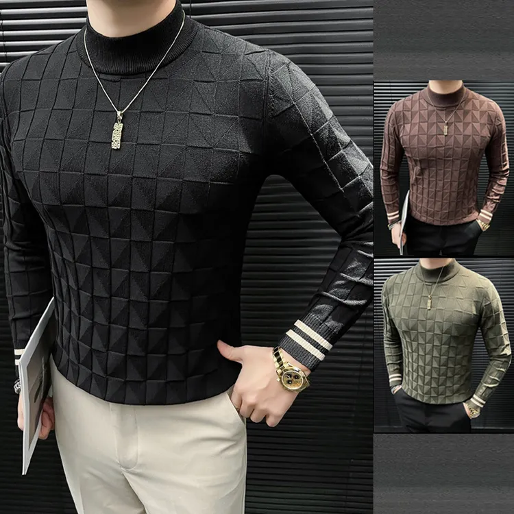 轻奢几何纹理半高领针织衫男士长袖毛衣秋冬季新款修身打底衫内搭