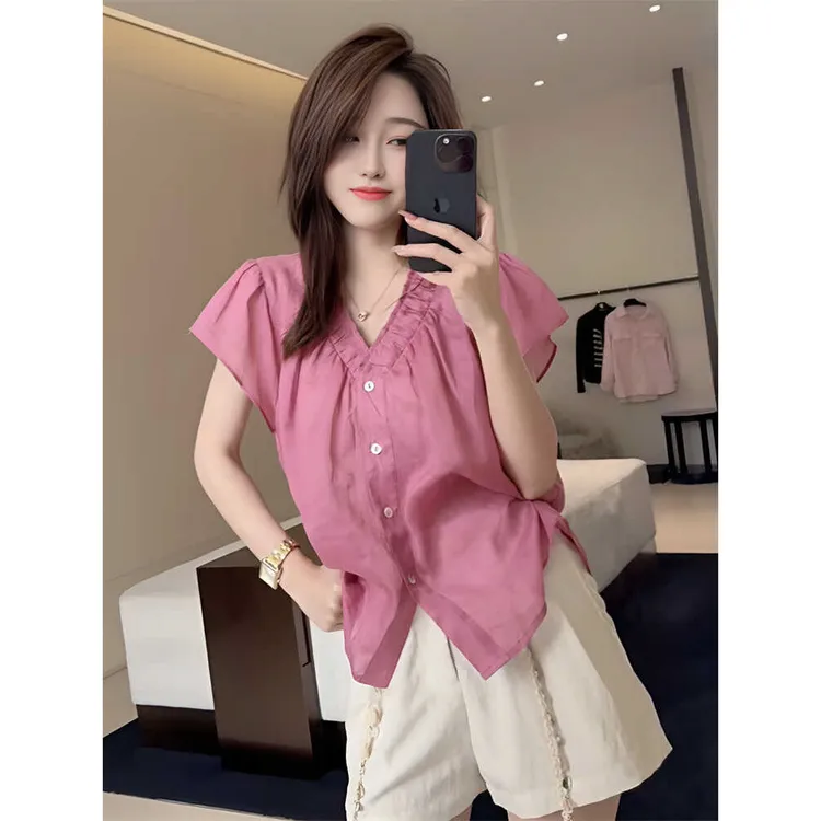 韩系木耳边V领设计小飞袖衬衫女2025夏季新款单排扣小众短袖衬衣