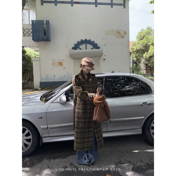 鹭青一原创【抚年轮】100绵羊毛高级双排扣风衣大衣L25D3315K