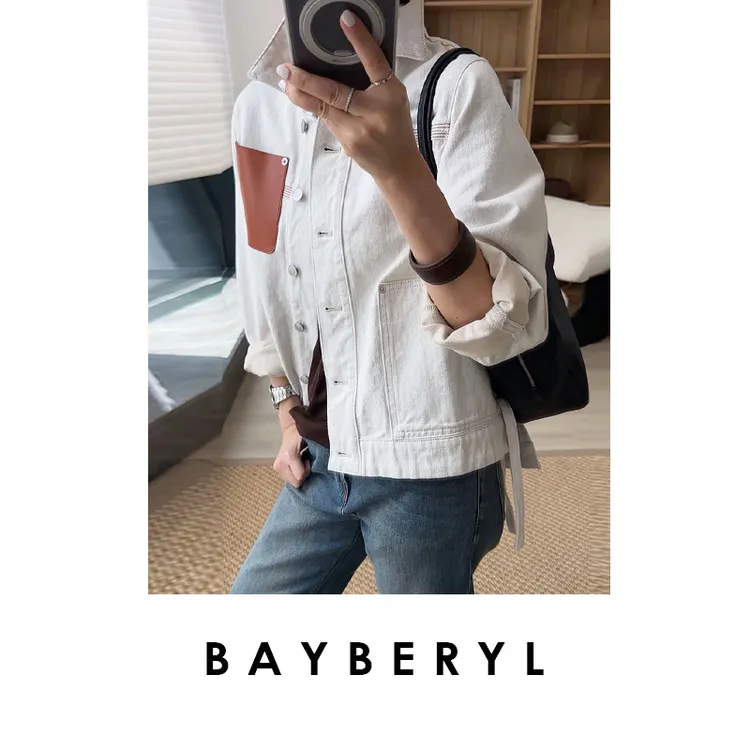 CC10-BAYBERYL老贝飘带牛仔*威幂拼皮翻领系带休闲秋外套MF5E0902
