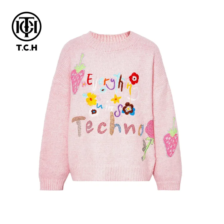 TCH【冬季穿搭】冬款时尚烫钻粉色休闲风女装针织衫T75D09E5086