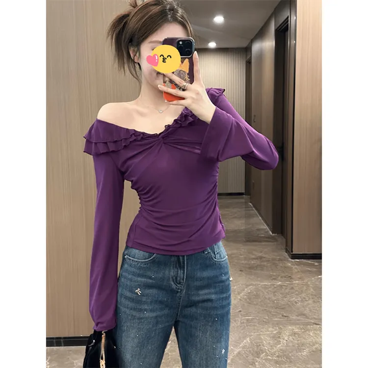 大码荷叶边V领扭结长袖打底T恤女早秋新款胖mm洋气独特修身上衣潮