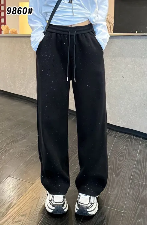 9860*欧货直筒裤松紧腰高腰微弹加绒休闲宽松纯色筒裤垂感潮流