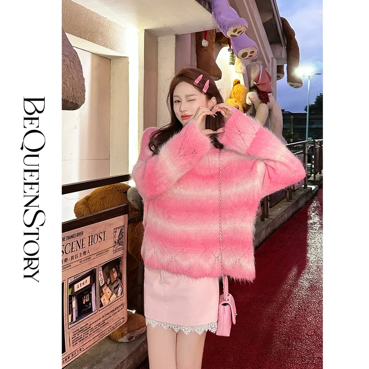 韩韩IU【梦幻甜桃】时尚高定慵懒百搭苏利羊驼毛圆领落肩女士毛衣新