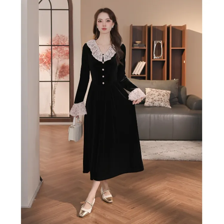 乔琪拉【桃花玉面】冬季新款高腰设计丝绒显瘦连衣裙-5N139K