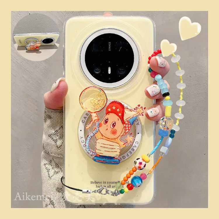 适用华为mate70pro+手机壳简约泼墨Mate60pro+气球星星人磁吸支架