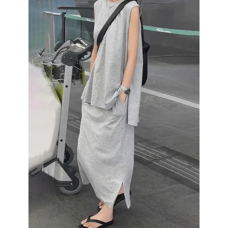 夏装搭配一整套装简约气质纯色无袖T恤女高腰休闲宽松显瘦半身裙