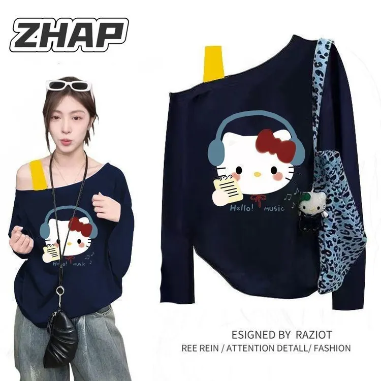 【板栗自制】斜领肩带长袖T恤女秋季宽松百搭爆款今日穿搭蓝耳机