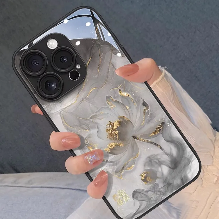 水墨渐隐莲花适用苹果16promax手机壳创意iphone15保护套14中国风