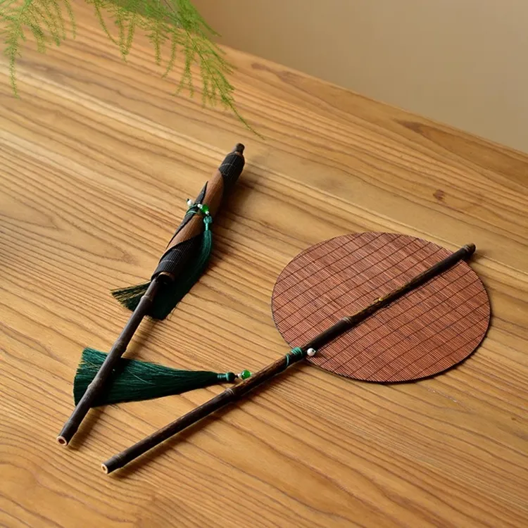 中式手工长柄腰扇中国风卷扇可折叠古典汉服扇子宫廷流苏挂腰团扇