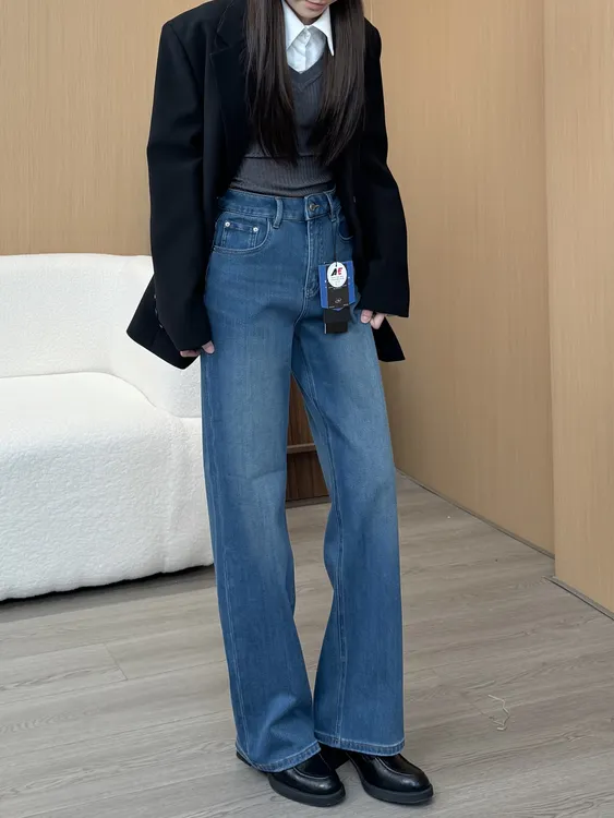 衣衣琦95801八面弹冬季特绒 爆款绿调复古窄版直筒牛仔裤