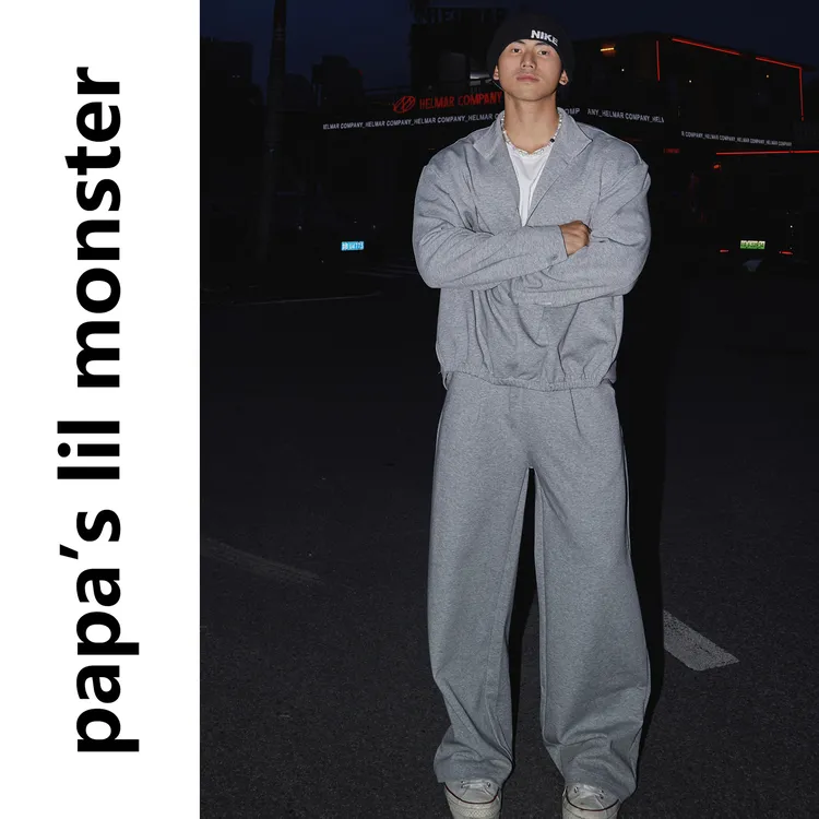 Papaslilmonster【纯色假两件】美式休闲宽松卫衣卫裤套装男