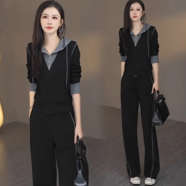 时尚休闲套装女2025秋季新款洋气显瘦假两件长袖阔腿裤运动两件套
