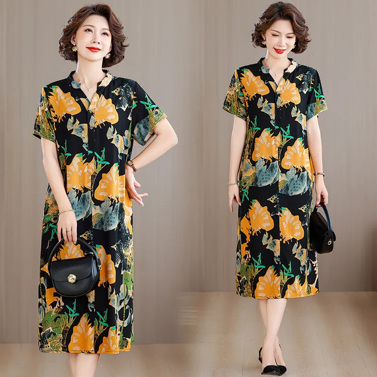 中长款连衣裙大码夏天洋气中老年妈妈装休闲遮肚A字裙夏季V领裙子