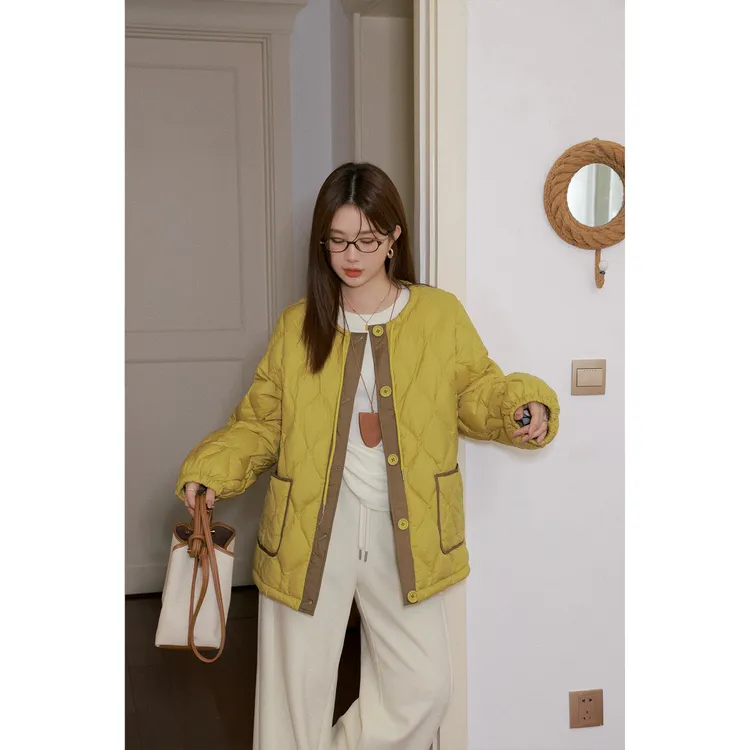 现货大婉酱微胖定制时尚显瘦圆领羽绒服女秋冬撞色百搭上衣 0087D