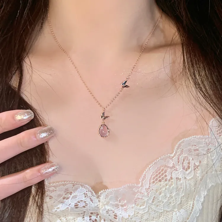 坠链均925银 粉色项链纯银女蝴蝶吊坠高级锁骨生日七夕礼物送女友