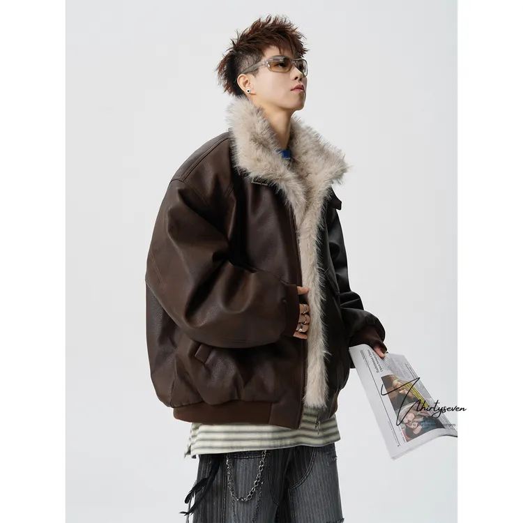 V37美式复古毛领皮衣棉服男冬季高街vibe加厚保暖高级感痞帅外套