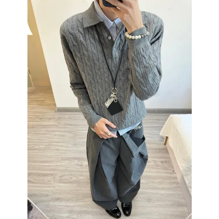 秋简约打底设计感翻领针织衫男套头休闲舒适毛衣长袖百搭潮流时尚