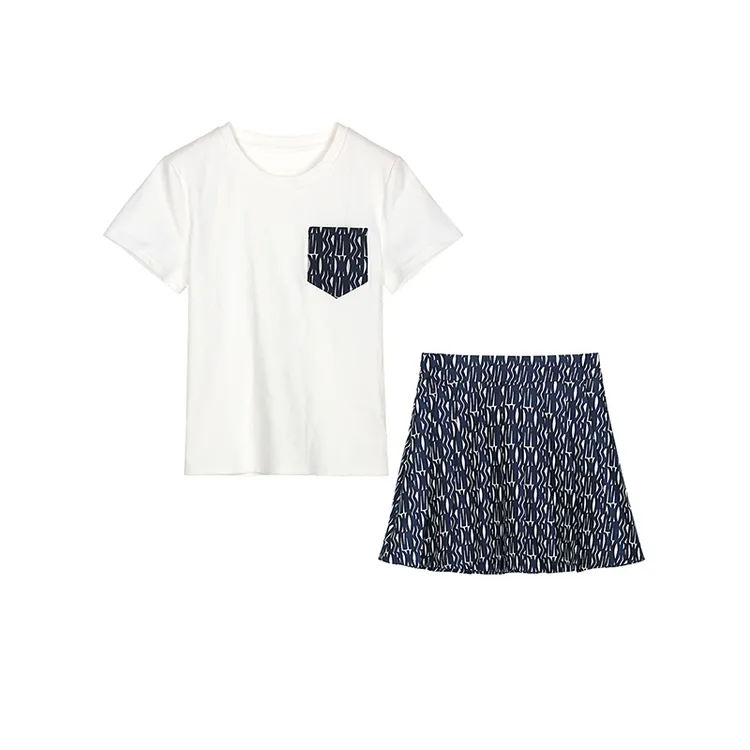 轻奢减龄显瘦提花贴布纯棉T恤+百褶裙两件套裙110055