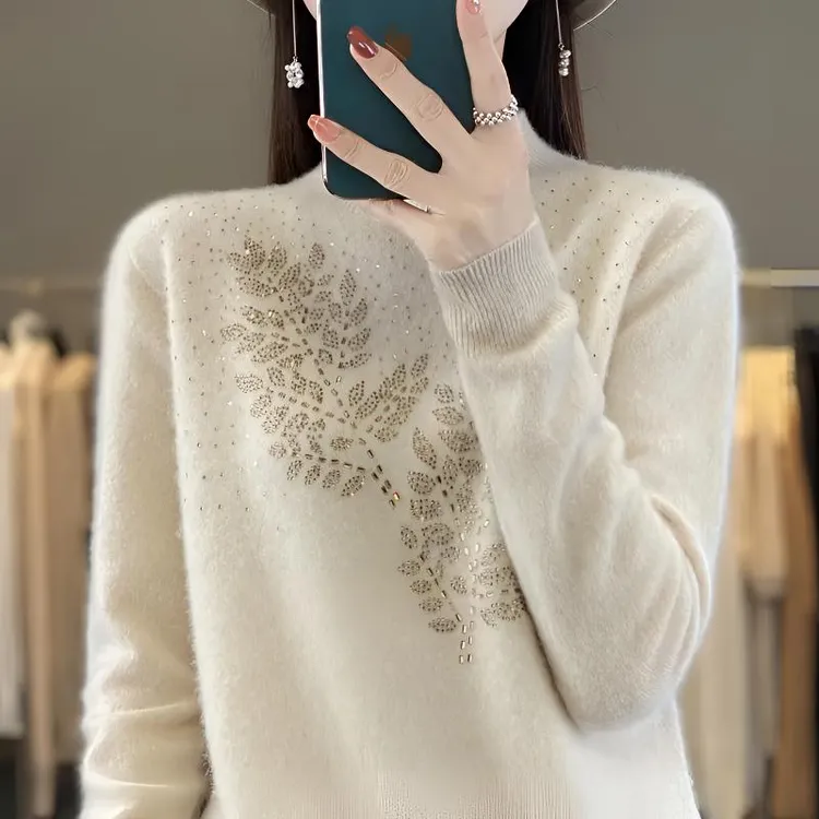 【100%羊毛】2025秋冬新款毛衫树叶烫钻针织女半高百搭毛衣长袖洋气