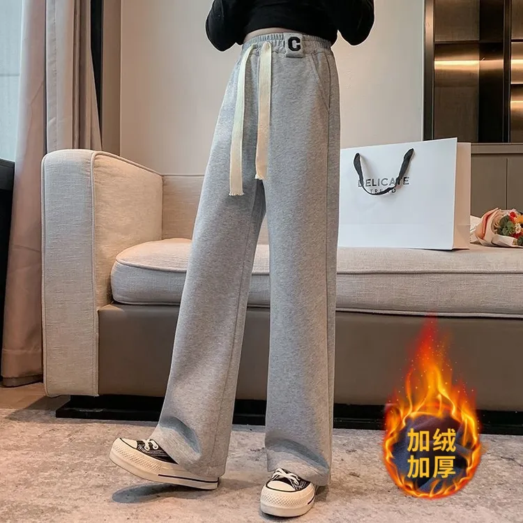 女童加绒阔腿裤秋冬款外穿女大童休闲裤儿童加厚裤子直筒裤运动裤