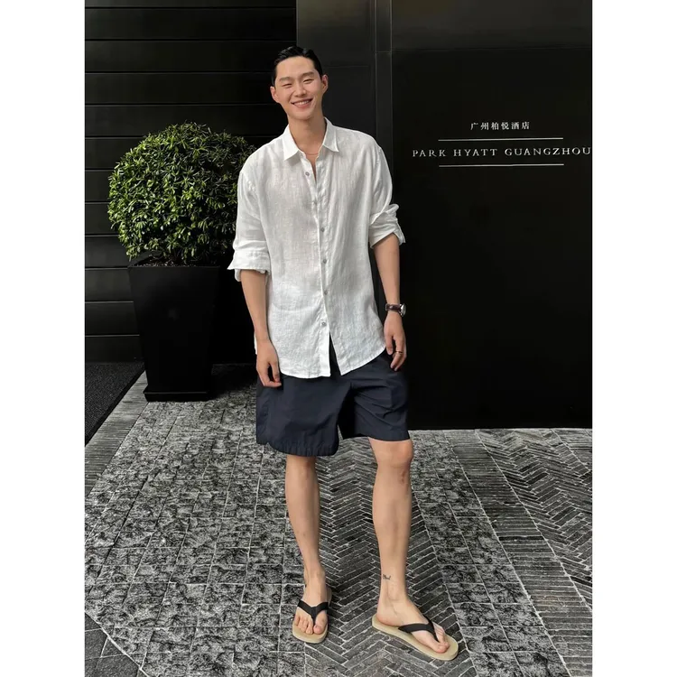 白色老钱风亚麻衬衫男款夏季薄款防晒长袖衬衣轻奢高级感棉麻外套