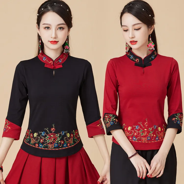 （虹翠）复古国风女装七分袖刺绣上衣2025新款春夏季广场舞绣花t恤