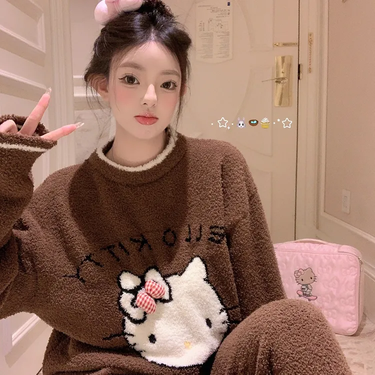 2025新款甜美半边绒卡通圆领KT猫睡衣女加绒加厚秋冬季家居服套装