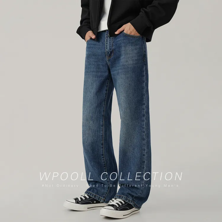 Wpooll2025新款春秋美式复古水洗做旧牛仔裤男潮直筒阔腿休闲长裤
