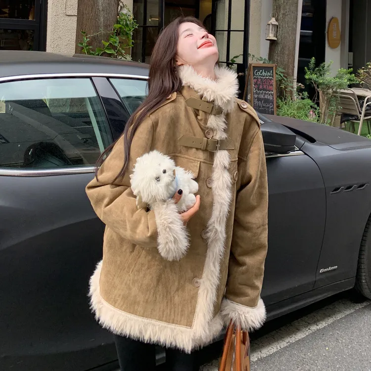 韩版炸街拼接皮毛一体羊羔毛绒机车服外套女冬季韩系超好看设计感