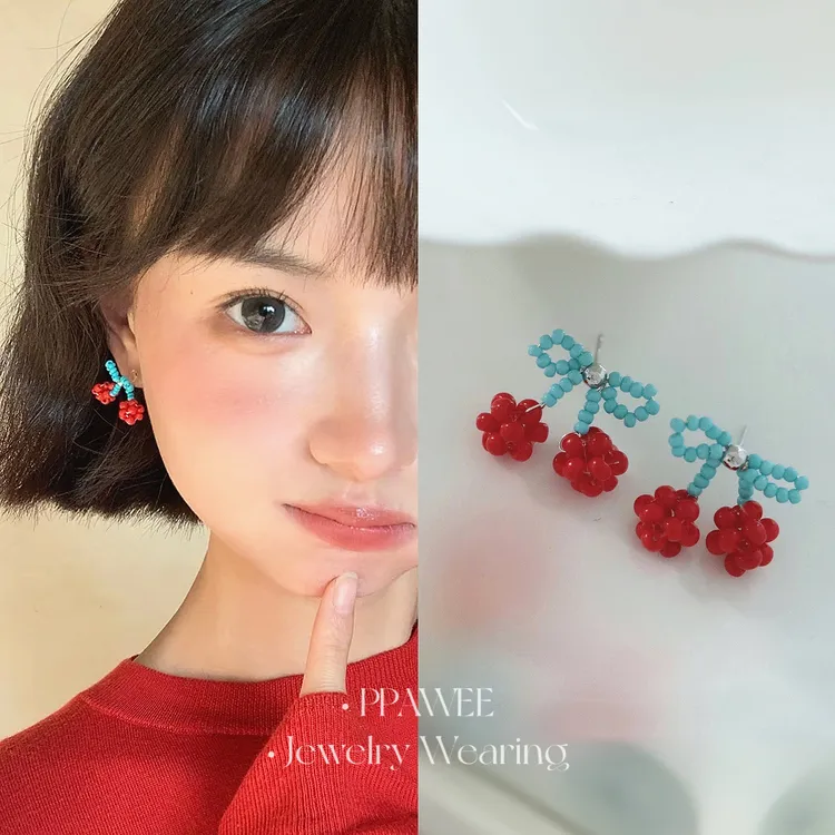 合金耳饰 海盐樱桃|适合夏天的红色串珠耳环独特绝美耳饰女可爱蝴