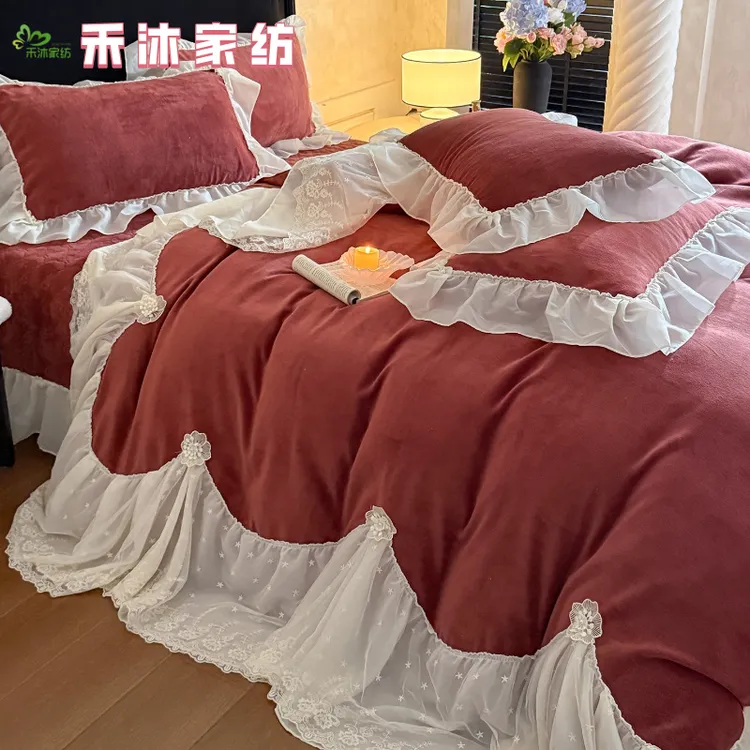 公主风牛奶绒床单四件套加厚保暖珊瑚绒被套夹棉加厚婴儿绒床盖冬