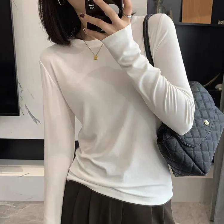 打底衫女内搭秋冬新款白色长袖t恤女装早秋装纯色显瘦韩系上衣服