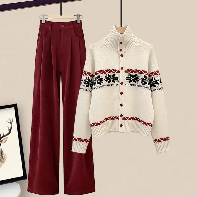 秋冬韩系复古风套装女费尔岛撞色毛衣开衫高腰显瘦休闲裤子两件套