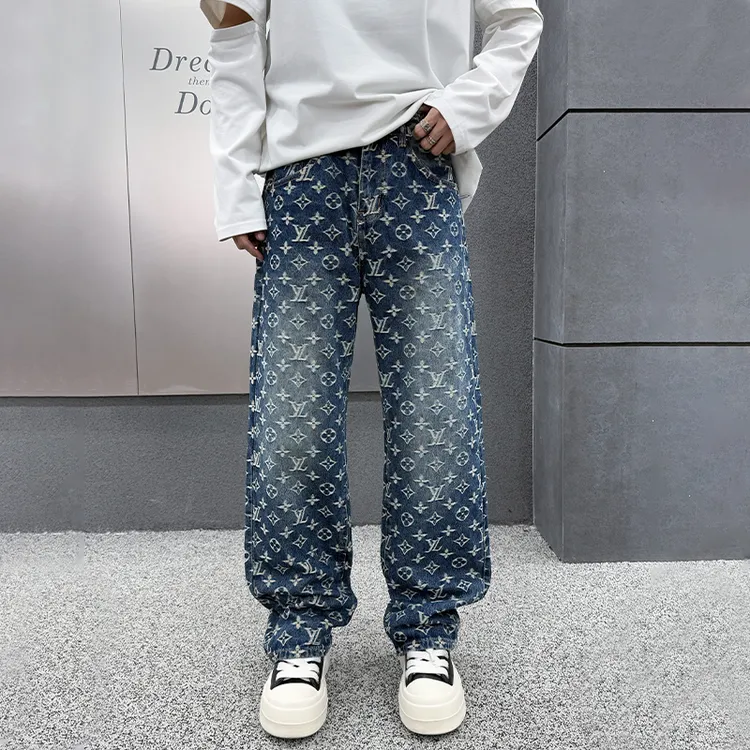 美式复古潮流满印提花直筒牛仔裤男高街潮牌痞帅男士新款牛仔男裤