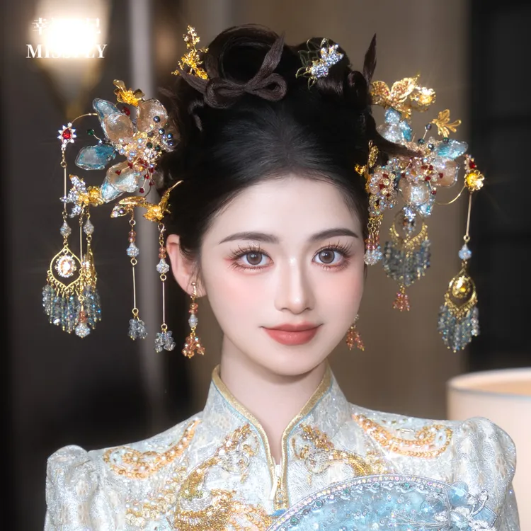 金蓝色秀禾头饰新娘旗袍汉服香槟金新中式分体套装发饰水凝胶重工