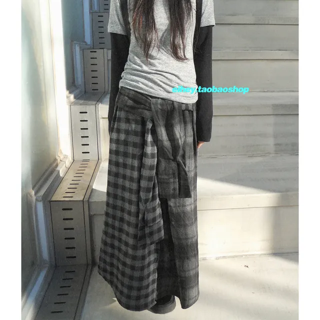 eihey诶嘿秋冬韩国复古个性拼接格子不对称绑带设计长款半身裙女