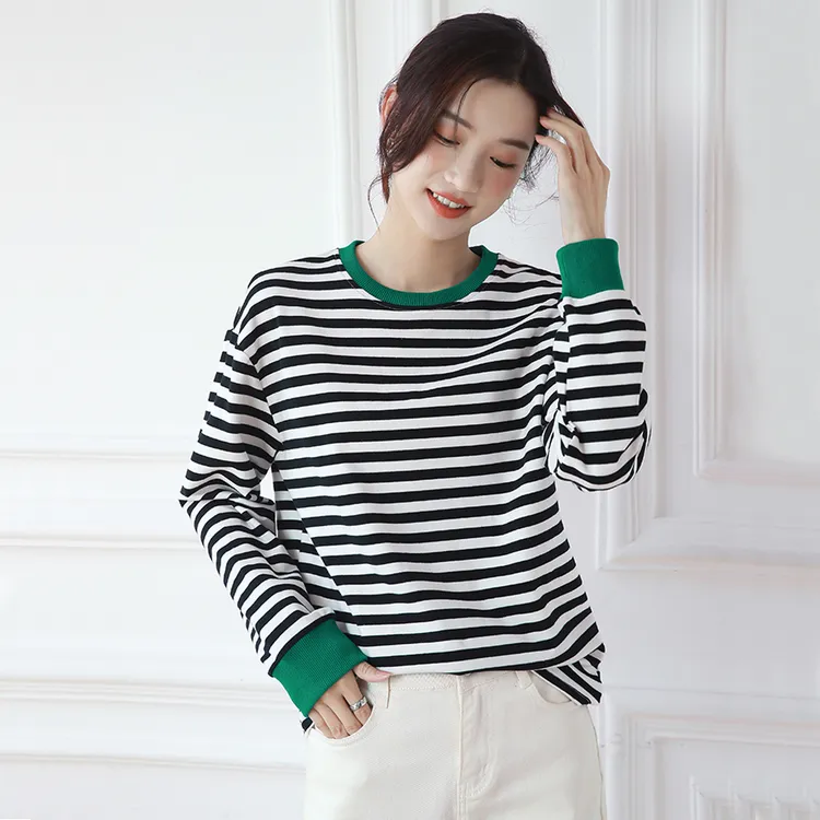 棉质减龄复古时尚新款打底条纹T恤春装女士薄款拼色休闲百搭上衣