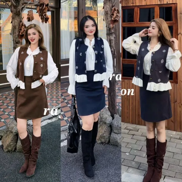 【现货】Rayhon新款时尚显瘦马甲上衣半身裙三件套爆款1252