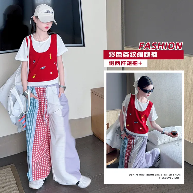 女童夏装假两件短袖彩色条纹阔腿裤套装中大童洋气多巴胺休闲穿搭