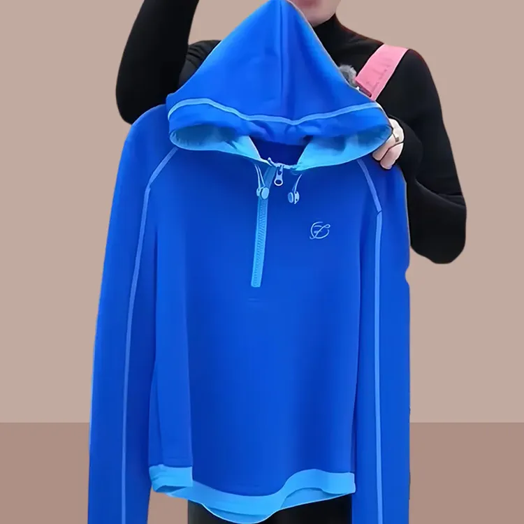 今年流行爆款撞色假两件蓝色连帽卫衣休闲简约风半拉链长袖上衣