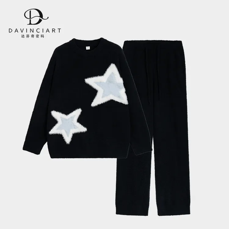 达芬奇密码2025秋冬几何图案针织长袖加厚情侣圆领半边绒睡衣套装