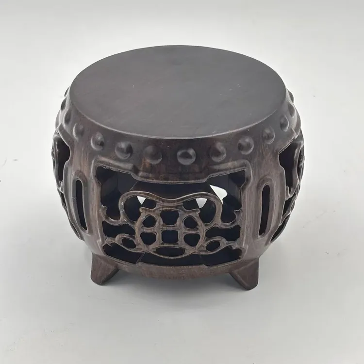 黑檀木铜钱鼓凳底座紫砂壶茶壶摆件架 尺寸（cm）：外10面8.5高7.5