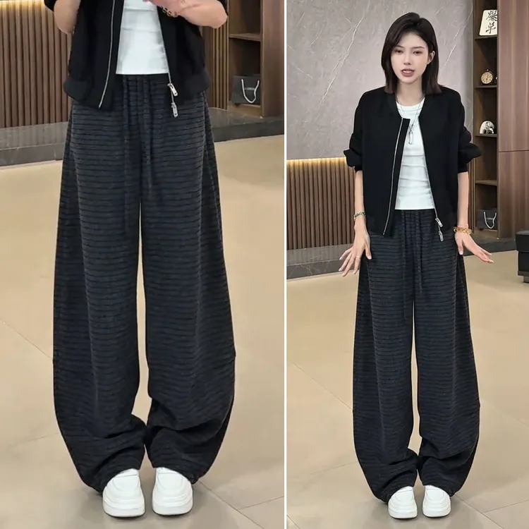休闲裤女2025新款女士阔腿卫裤韩系慵懒松弛感裤子秋冬季加绒长裤